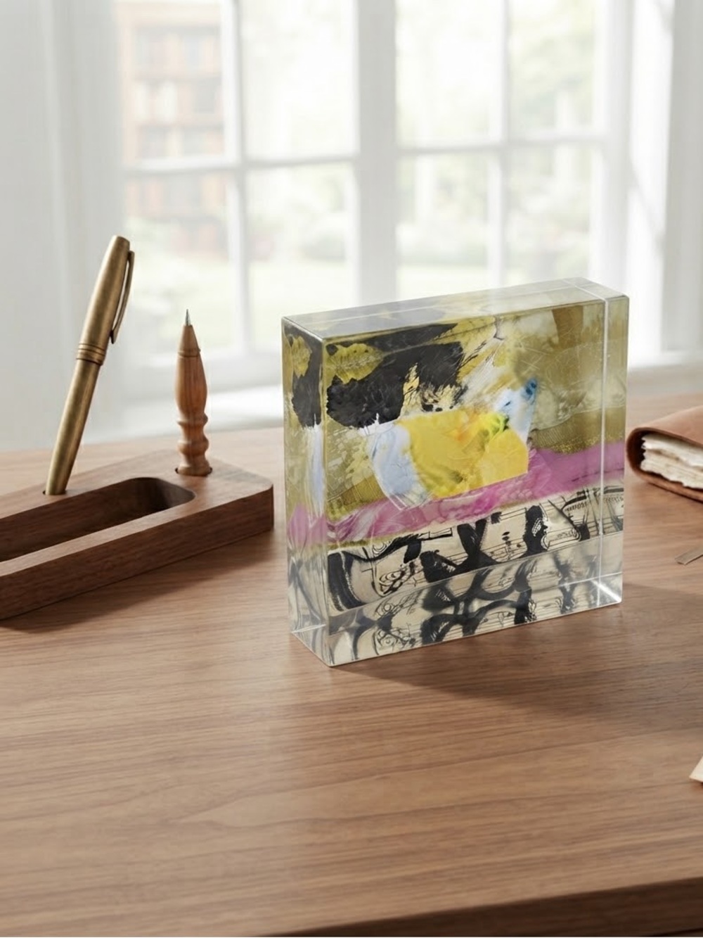 Abstract mixed-media paperweight, decoupaged collage style encased in acrylic